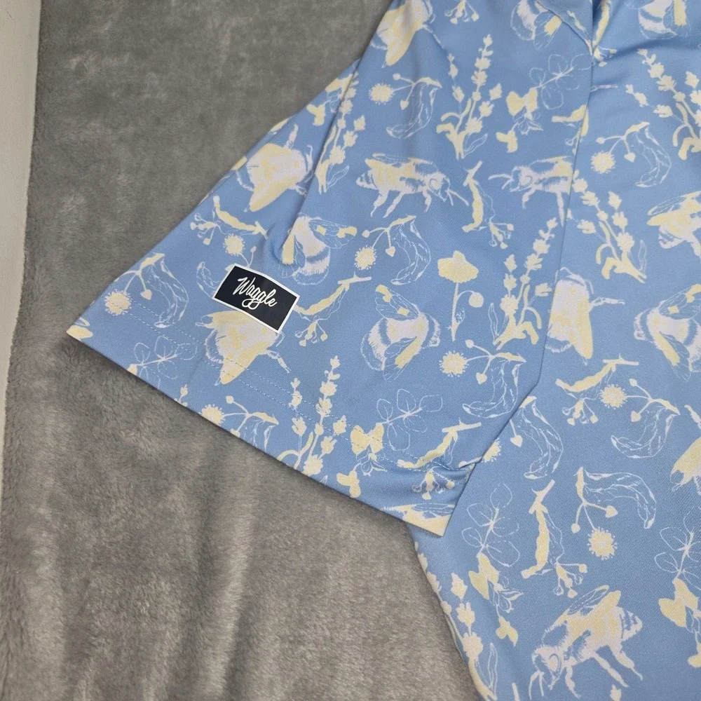 Waggle Buzzin Polo Shirt Mens 2XL Blue Bee Floral Print Performance Stretch New - Picture 4 of 6